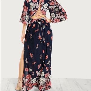 Lace Up Back Plunging Split Floral Dress